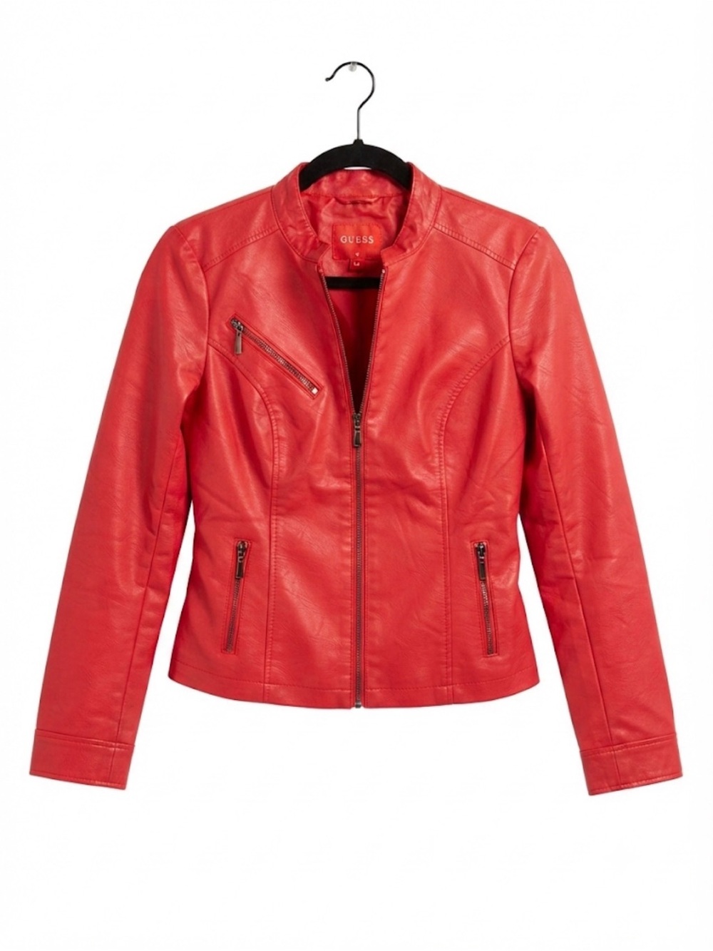 Guess Red Faux Leather Moto Jacket with Zip Details
